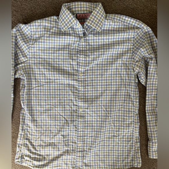 Thomas Pink Button Up Collared Blue Yellow Check Pattern Dress Shirt Size 16 - Picture 2 of 8